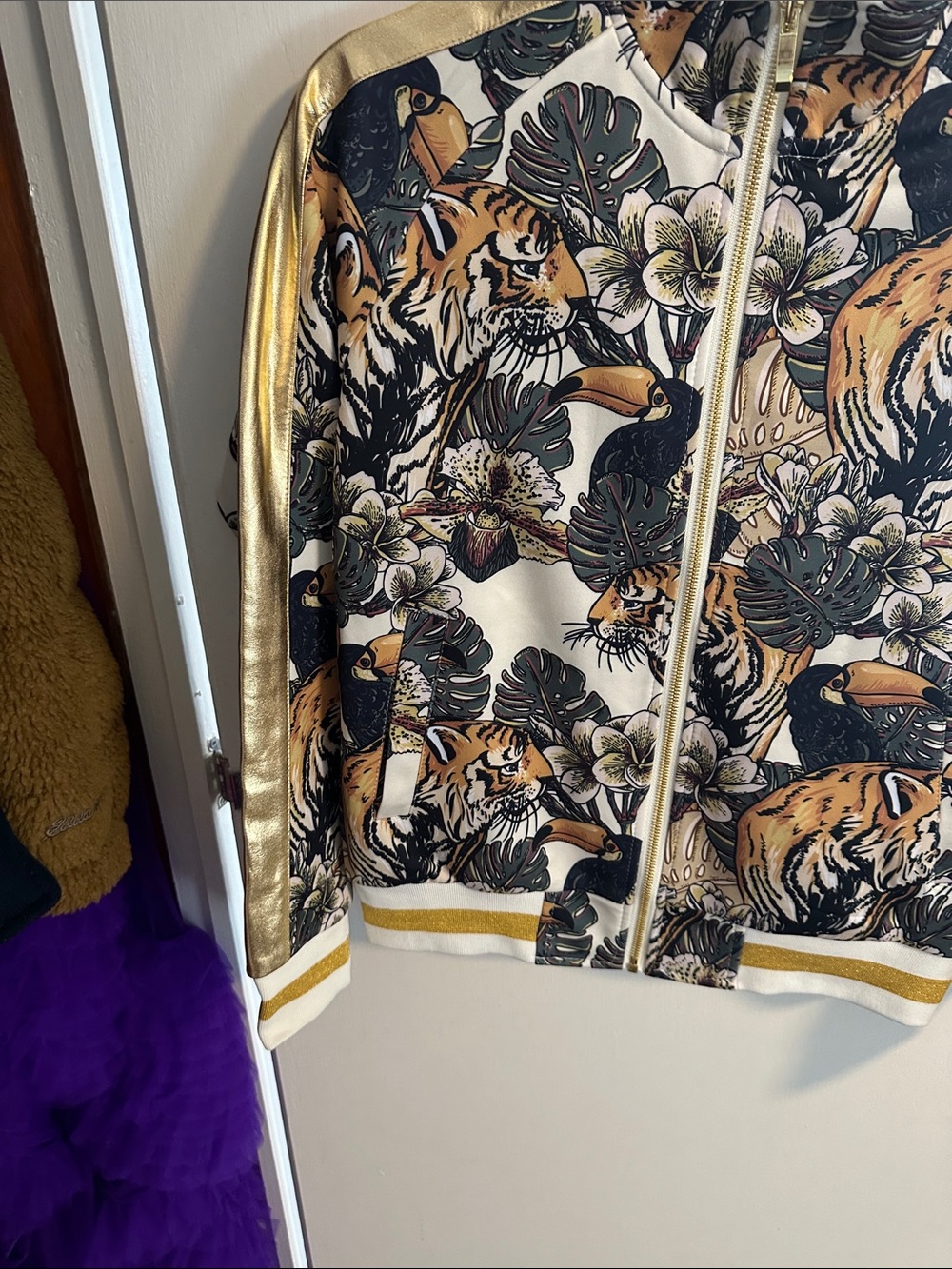 Tropical Tiger Print Bomber Jacket with Gold Accents - Picture 2 of 5